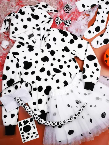 Vista 6 de AOTHSO Disfraz de sudadera con capucha de perro dálmatas para Halloween, sudadera con capucha suave con cremallera frontal con bolsillos, cola