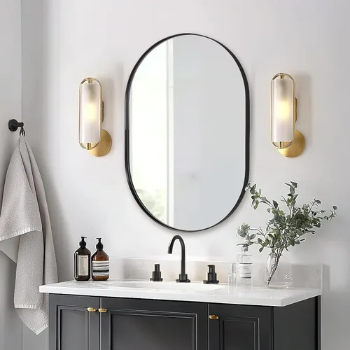 Vista 8 de ANDY STAR Espejo ovalado de 24x32 pulgadas, espejo ovalado negro de diseño en forma de píldora en marco de metal de acero inoxidable para baño