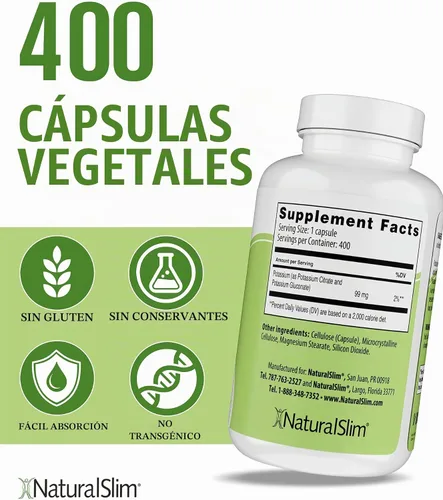 Vista 4 de NaturalSlim Kadsorb Citrato de Potasio Gluconato 99 mg, 400 Cápsulas Paquete de 3 Apoya el equilibrio de electrolitos y el pH normal, suplementos