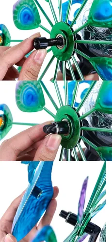 Vista 5 de Molinillo de viento para exteriores, escultura de metal con energía solar, 15 pulgadas y 64 pulgadas de altura, cinético pavo real, bola de vidrio