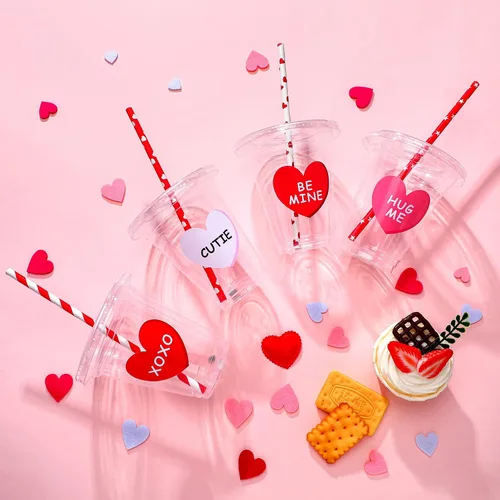 Vista 3 de Eaasty Juego de 20 vasos de plástico para el día de San Valentín con tapa y pajitas, 12 onzas, con corazón, desechables, con calcomanía, suministros
