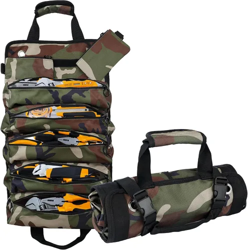 Vista 8 de Bolsa plegable portátil para herramientas, bolsa organizadora de herramientas resistente con 5 compartimentos y 2 bolsas desmontables para Verde