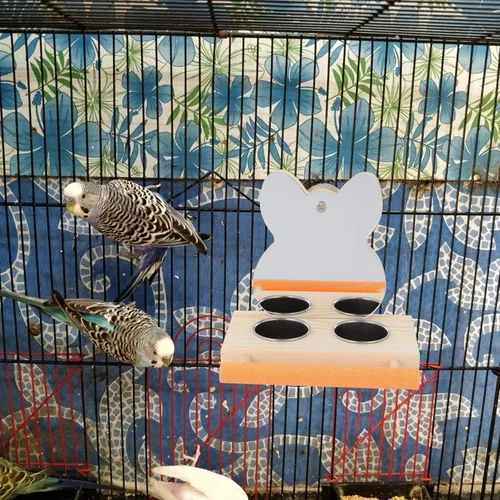 Vista 3 de Espejo de loro con cuenco de comida de agua o jaula de pájaros, soporte de madera para alimentación, accesorio para jaula, cuenco de alimentación