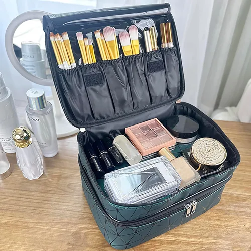 Vista 2 de MKPCW bolsa de maquillaje Bolsa de cosméticos de doble capa con bolsa de cepillo y divisor