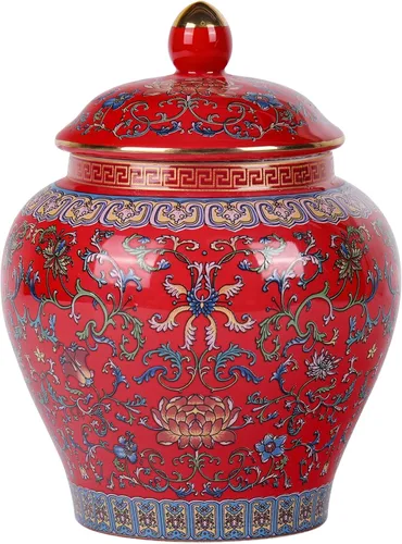 Vista 16 de Tarro clásico de jengibre esmaltado, hecho a mano, diseños inspirados en la dinastía Yuan y Ming, motivos florales de colores vibrantes en jarrón