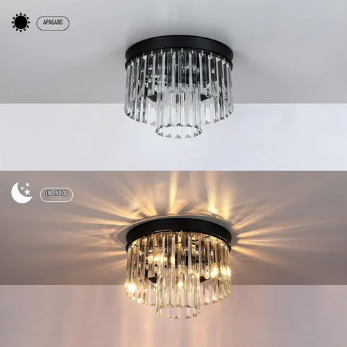 Vista 4 de MEXO Lámpara de techo de cristal empotrada con acabado negro, lámpara de cristal de 2 niveles para sala de estar, dormitorio, comedor, pasillo