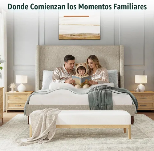 Vista 3 de Jocisland - Base de cama tamaño matrimonial, cabecero alto con respaldo Marrón