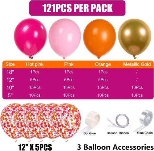 Vista 2 de Kit de guirnalda de globos de arco de globos de color rosa y naranja, globos de confeti dorado rosa intenso, globos magenta para verano tropical