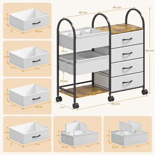 Vista 5 de Carrito organizador de pañales para bebés con ruedas, carrito de pañales rodante de 4 niveles con separadores y cajones, almacenamiento de guardería