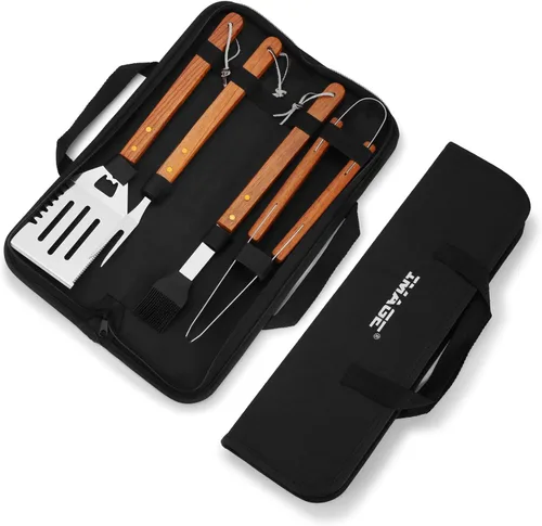 Vista 2 de IMAGE Accesorios de barbacoa de madera, herramientas de barbacoa de acero inoxidable, juego de utensilios de parrilla para parrilla al aire libre