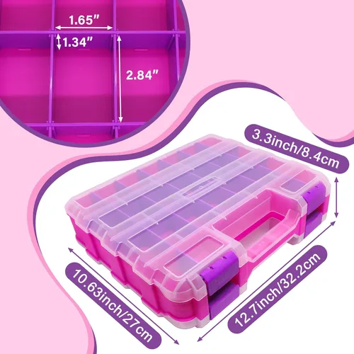 Vista 2 de Caja de herramientas rosa de 3 piezas, 50 compartimentos, caja de almacenamiento de piezas pequeñas de doble cara con divisores de plástico