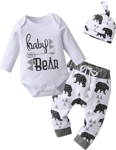Vista 49 de Conjunto de 3 piezas de ropa de bebé recién nacido con estampado de manga larga + pantalones + sombrero