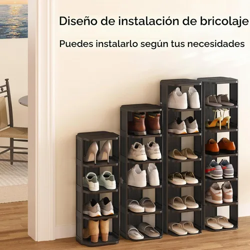 Vista 8 de Zapatero para armario, de 5 niveles apilables, para entrada de puerta delantera, independiente, soporte de plástico estrecho y alto, vertical Negro