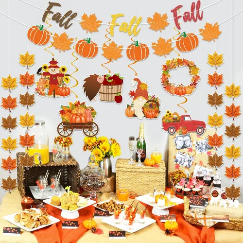 Vista 7 de Suministros de decoración de fiesta de otoño, NO DIY, el juego de decoración del hogar de otoño incluye pancarta de otoño con purpurina, guirnalda