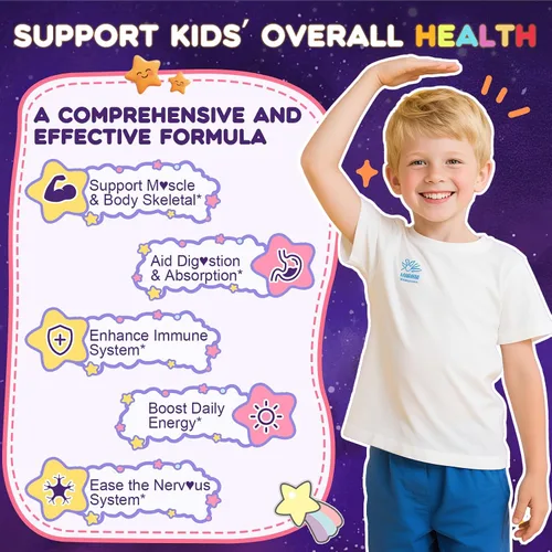 Vista 4 de Suplemento de Gomitas de Magnesio para Niños 4+: Suplemento Orgánico Masticable con Citrato de Magnesio, Vitamina B6, D3, Zinc, L-Teanina - Fuerza