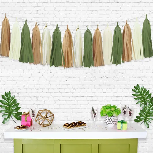 Vista 2 de Guirnalda de borlas verde salvia para decoración de baby shower, decoración retro verde para fiestas, safari, cumpleaños, 15
