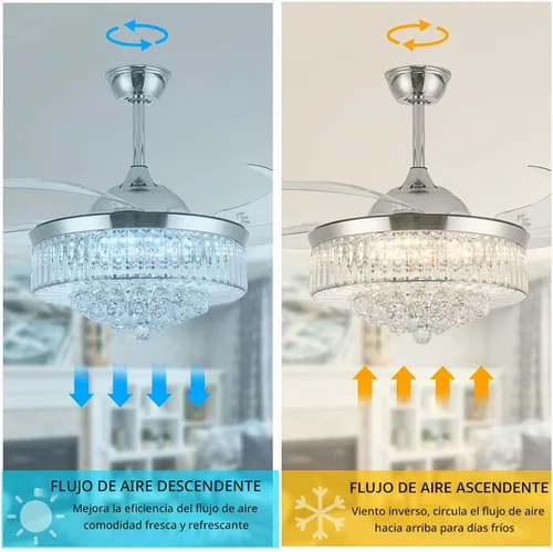 Vista 5 de Ventilador de Techo Invisible de 42" con Lámpara de Araña, Lámpara Moderna de Ventilador de Techo de Cristal con Control Remoto, 4 Aspas Retráctiles