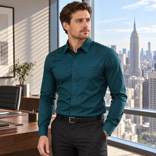 Vista 2 de Camisas de vestir con botones, manga larga, estilo casual, para hombre, con bolsillo en el pecho Azul (Acid Blue)