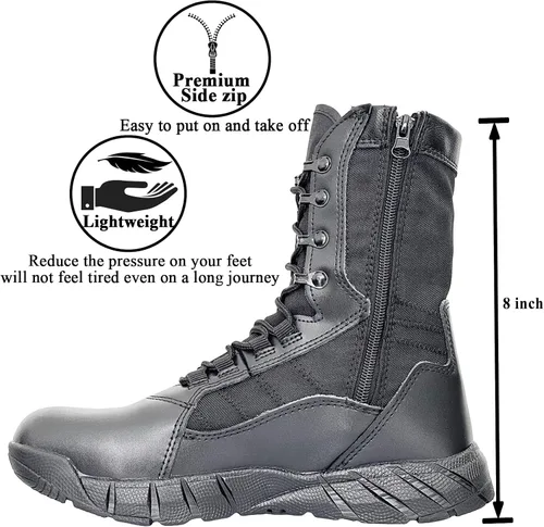 Vista 2 de Botas militares tácticas ligeras para hombre, botas de combate con cremallera lateral anticolisión con cordones para senderismo al aire libre