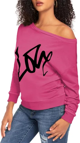Vista 4 de Sweatshirt for Women Off The Shoulder Tops Long Sleeve Sweatshirts Oversized Sweaters Shirts 02-Rosa Rojo
