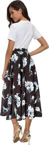 Vista 4 de Afibi Falda de gasa con estampado floral de cintura alta para mujer, estilo swing, de playa, midi, larga con bolsillos Negro
