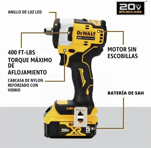 Vista 5 de DEWALT DCF911P2 20V MAX* 1/2 pulg. Llave de impacto inalámbrica con kit de yunque de anillo de retención