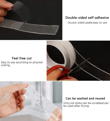 Vista 3 de Cinta de doble cara resistente, cinta de montaje 3M, nano cinta adhesiva transparente reutilizable sin rastro, lavable, extraíble, fuerte cinta