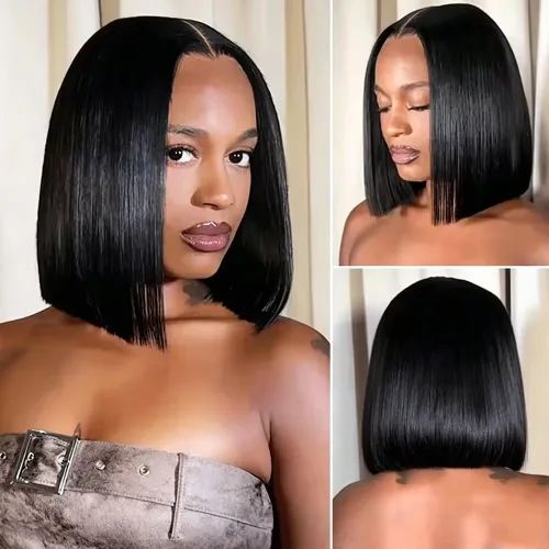 Vista 3 de Match All Skin Blunt Cut Bob Glueless Lace Wig Pre Plucked Natural Baby Hair Short Bob Bone Straight 13X4 HD Invisible Lace Wig Braizilian Human