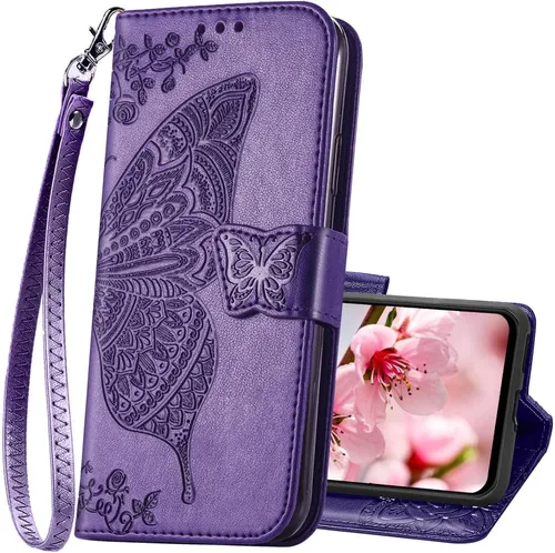 Vista 9 de Funda para teléfono Galaxy A14 5G, funda de piel sintética en relieve de mariposa con tarjeteros para tarjetas de crédito, correa de muñeca