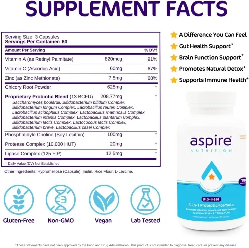 Vista 2 de Aspire Nutrition Probiótico Bio-Heal® 5 en 1 para niños, hombres y mujeres - El mejor suplemento para la función cerebral, la salud intestinal