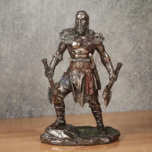 Vista 3 de Veronese Design 6 1/4 pulgadas vikingo gemelo hachas guerrero escultura masculina resina escultura acabado de bronce fundido en frío