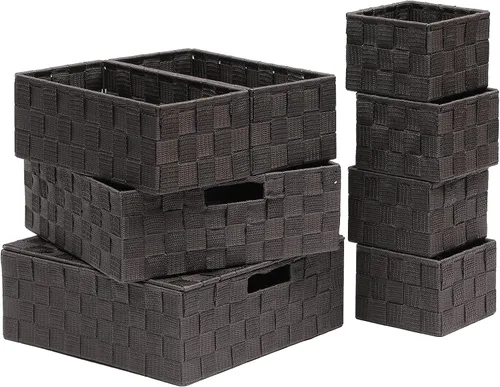 Vista 8 de Juego de 4 cestas de almacenamiento tejidas de polipropileno con marco de metal, cajas de tela apilables para cajones, armario, estante, guardería