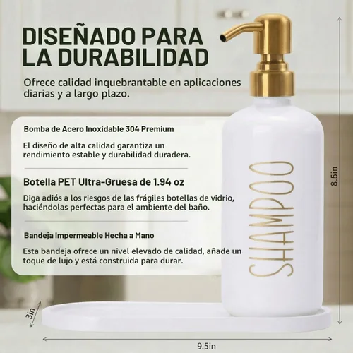 Vista 2 de MOMEEMO Set dispensador de champú y acondicionador con bandeja, dorado Oro blanco