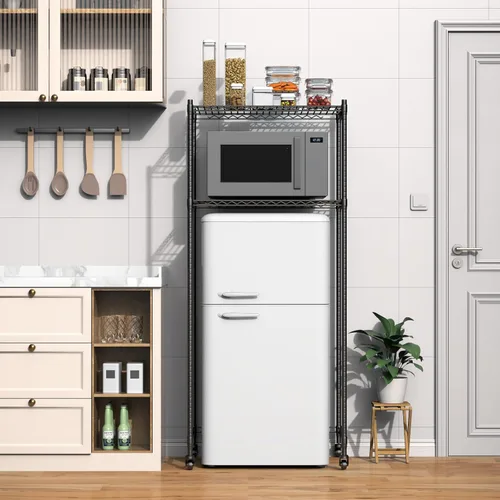 Vista 2 de Mini estante para nevera, mini refrigerador y soporte para microondas Altura ajustable, ruedas universales de 360°, ahorro de espacio