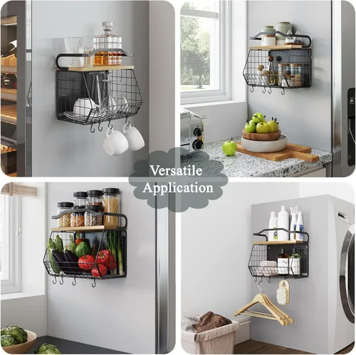Vista 7 de Mefirt Estante Magnético para Refrigerador con Tapa de Madera, Cesta de Frutas Resistente, Contenedores de Almacenamiento de Frutas, Papas
