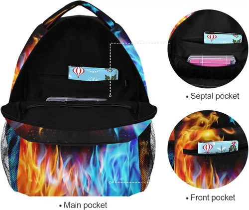 Vista 7 de Miaoquhe Mochila escolar con diseño de dragón de hielo azul y fuego, resistente al agua, para niños, escuela, al aire libre, viajes, Fuego dorado