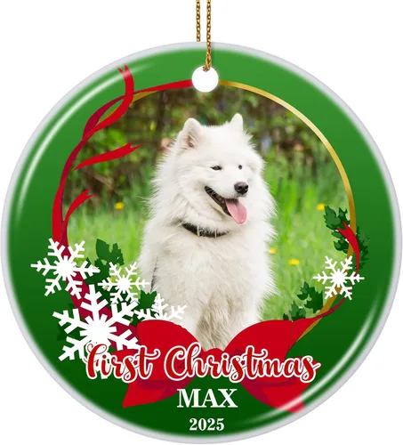 Vista 36 de Paquete de 4 adornos de Navidad personalizados 2025 de cerámica personalizada con foto y texto para decoración de árbol de Navidad, primera Navidad