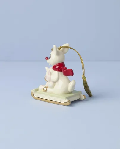Vista 3 de Adornos de Lenox, adorno navideño de Rudolph y el elefante solitario, porcelana con acentos dorados y cordón para colgar para decoración del árbol