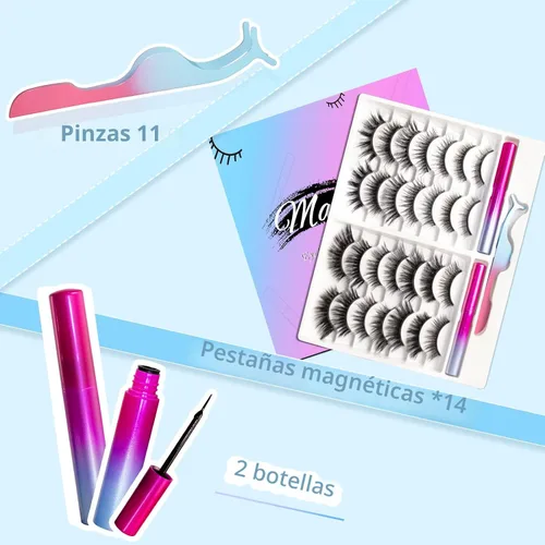 Vista 7 de Kit de pestañas magnéticas, pestañas magnéticas de larga duración y reutilizables, aspecto natural, 14 pares de pestañas postizas con delineador
