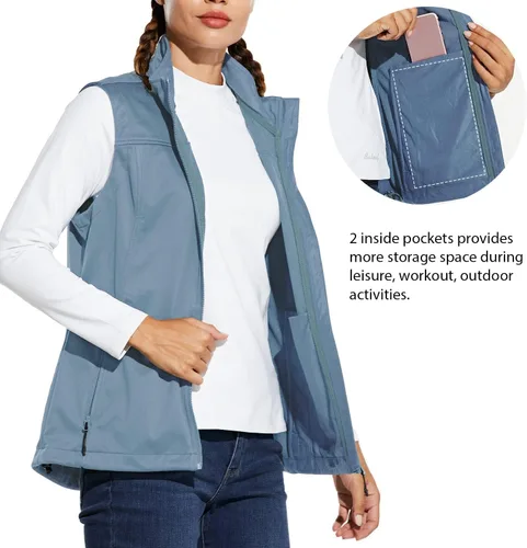 Vista 5 de baleaf Chaleco ligero Softshell sin mangas para mujer, resistente al viento, cuello alto con bolsillos con cremallera, correr, senderismo, golf