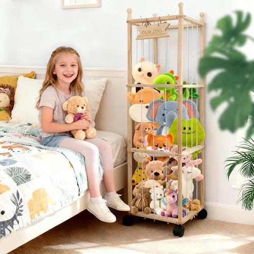 Vista 7 de YunSheCSBS Organizador de Almacenamiento de Animales de Peluche, Organizador Grande de Madera para Animales de Peluche con Ruedas, Soporte