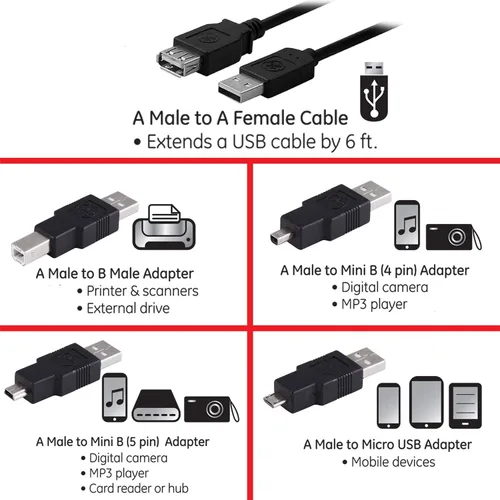 Vista 2 de GE Kit adaptador universal USB 2.0, cable de extensión macho A a hembra, 4 adaptadores incluidos: A macho a B macho, 4 pines, 5 pines, A macho a