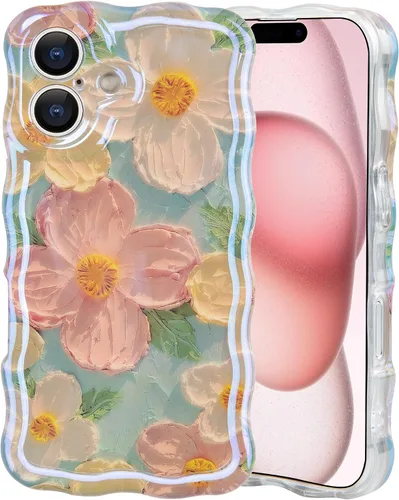 Vista 45 de IDweel Funda para iPhone 11, Lujosa Pintura al Óleo Retro Colorida con Patrón de Flores Brillantes Impresas, Lindo Borde Ondulado Rizado, Exquisita