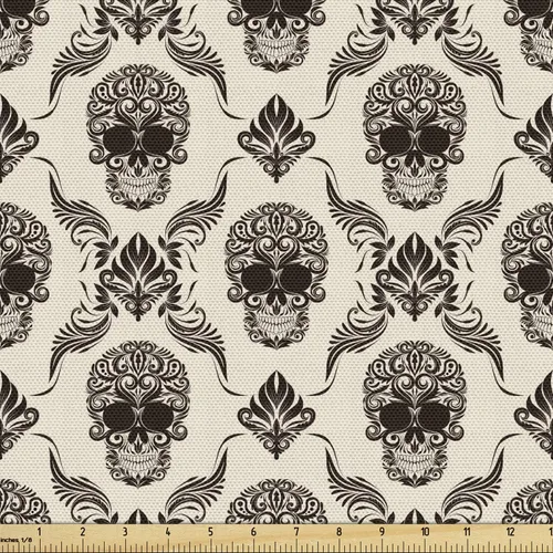 Vista 81 de Ambesonne The Yard, tela de calavera colorida con temática de Halloween, diseño de calavera y huesos cruzados, divertido estampado de dibujos