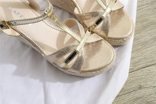 Vista 4 de Sandalias de tacón de cuña elegantes para mujer, tacón con correa en T