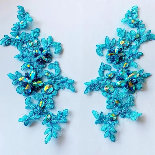 Vista 21 de Parches de tela de encaje fino bordados con diamantes de imitación bordados, decoración de vestido para coser en lentejuelas cuentas, accesorio