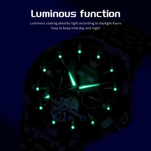 Vista 4 de OLEVS Relojes automáticos para hombre, de lujo, esqueleto multifuncional, reloj mecánico de cuerda automática, fecha, impermeable, luminoso, reloj