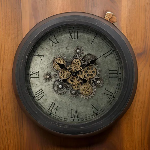 Vista 2 de Benjara - Reloj de pared de 28 pulgadas, diseño redondo de engranaje vintage, acabado marrón oscuro, negro y dorado