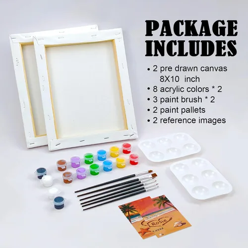 Vista 5 de VOCHIC Kit de pintura para sorbos y pinturas, lienzo predibujado para parejas, kit de pintura para adultos, citas, noche, puesta de sol, playa