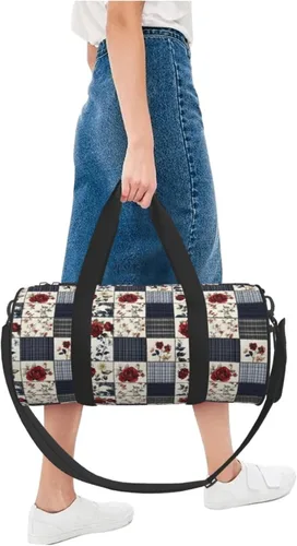 Vista 5 de Large Duffle Bag for Travel - Retro Floral Plaid Print Gym Bag for Women Men, Travel Foldable Bags for Women Men with Zippered Multiple Pockets